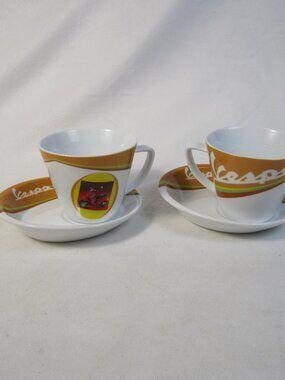 Vespa Motor Scooter White Cups / Mugs with Saucers- Lot of 2